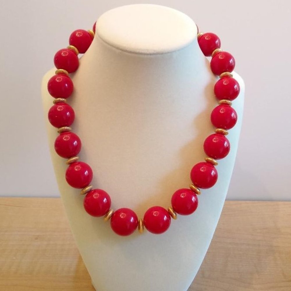 Vintage Napier 1980s Red Acrylic Chunky Bead & Gold Tone Necklace